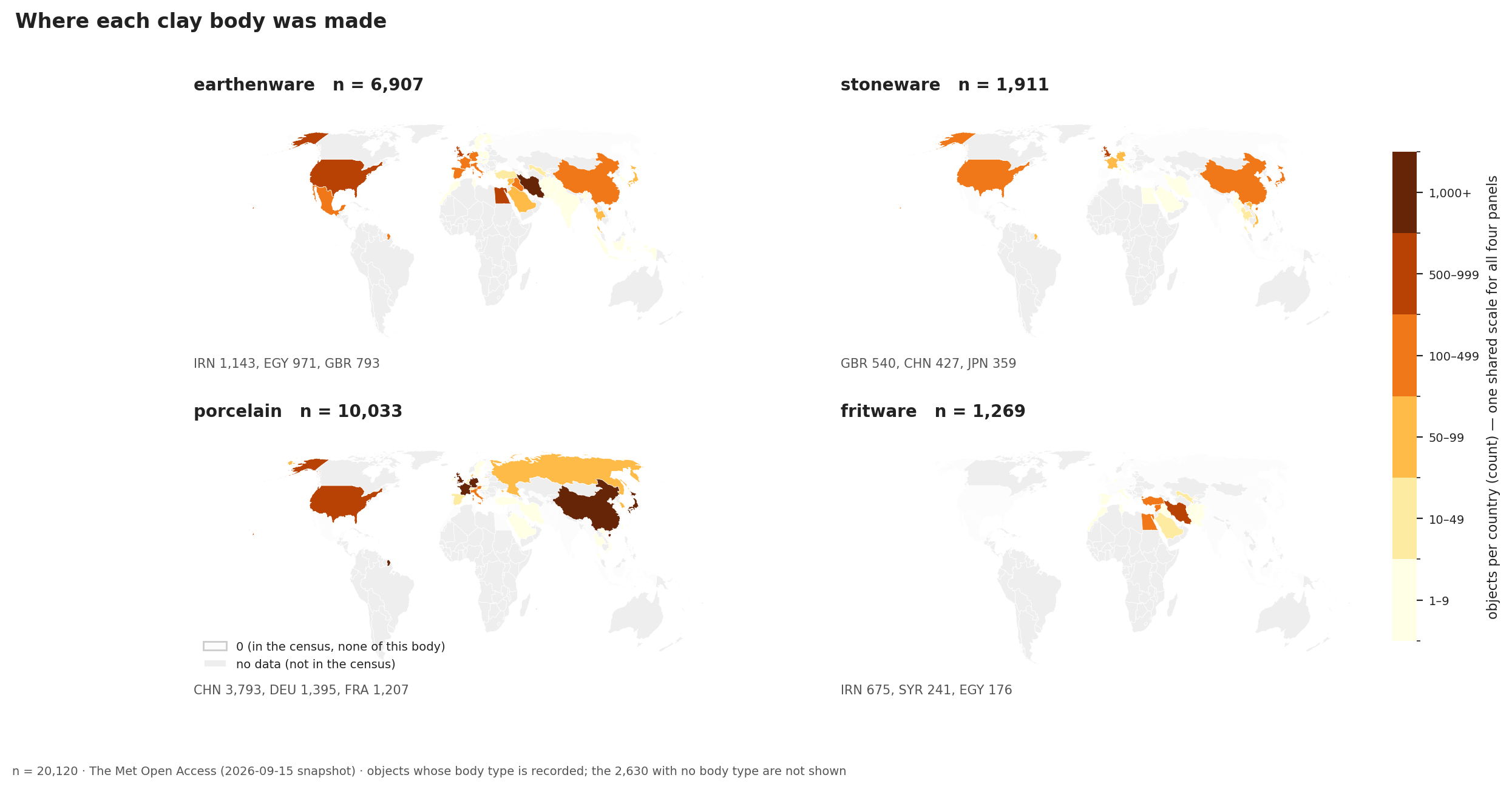 Four world maps, one per clay body